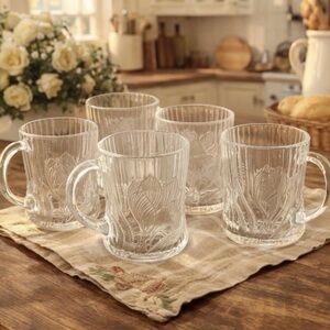Vintage French Arcoroc Canterbury Crocus Clear Embossed Glass Mugs - Set of 4